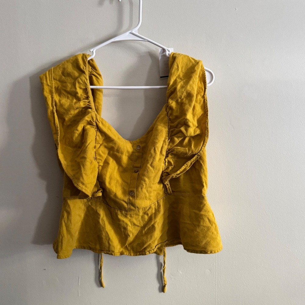 Women's Short Sleeve Top Size XL Linen Blend Mustard Ruffles Boho Indie Fairy